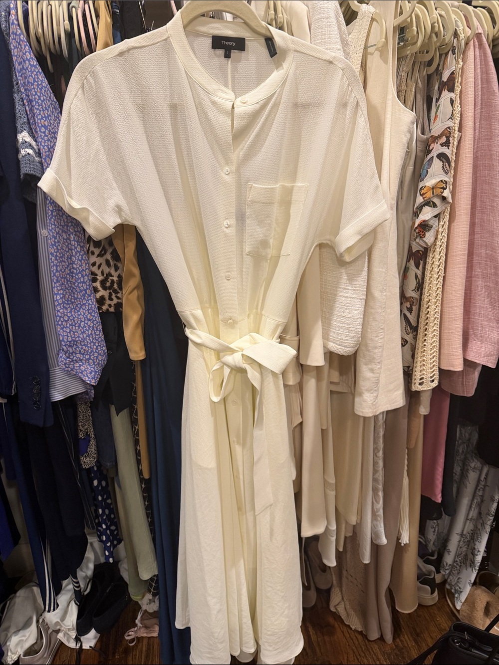 Theory Soft White Button-Up Summer Dress with Slip